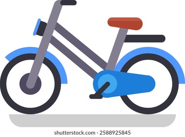 Side view of a blue and gray bicycle with mudguards and a brown saddle, resting on a gray surface and casting a distinct shadow, highlighting urban mobility