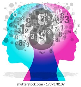 A side view of a blue male and pink female adult figure outline overlapping a collection of graphic numerals and linked network elements.