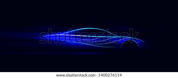 Side view blue neon glowing high\
speed car silhouette. Abstract styled vector\
illustration.