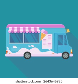 Side view of a blue and pink ice cream truck in flat design style on blue background with long shadow