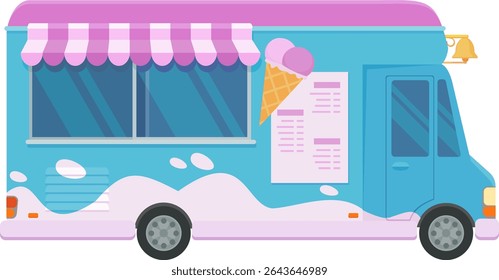 Side view of a blue and pink ice cream truck in flat design style (cut out)