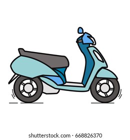 Side view blue scooter illustration. Linear art design element. Logo or icon template. Small motocycle or moped isolated on white background.