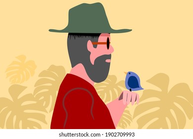 Side view of the body of a bearded man wearing a red shirt and sunglasses. He looked gently at the bird in his hand.