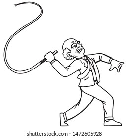 Side view of a boss with suit and tie looking evil and swinging with a whip.  Illustration, cartoon, doodle, monochrome.