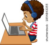 Side view of a boy with laptop on the table on white background illustration