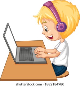 Vista lateral de un niño con portátil sobre la mesa sobre la ilustración de fondo blanco