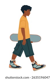Side view of boy walking in trendy street fashion holding skateboard. Colorful flat vector illustration isolated on white background. Urban youth style and active lifestyle theme.