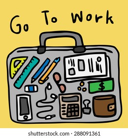 Side view in briefcase sketch hand drawn doodle office workplace with business objects and items.