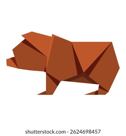 Side view of a brown origami pig, symbolizing the chinese zodiac sign, standing on a white background