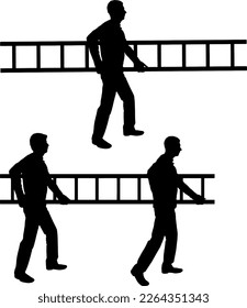 side view of builders in hardhats carrying a ladder on a wooden background.