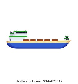 Side view of bulker on white background. Cargo ship or barge cartoon illustration. Commercial or industrial freight. Cargo, shipping concept