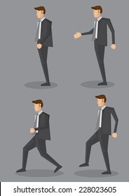 Side view business executive in full suit and grey necktie in four different poses  Vector character illustration isolated grey plain background 