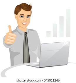 side view of a business man working on laptop and making the ok gesture isolated on white background