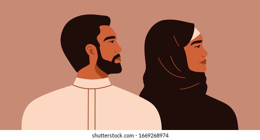 Side view business saudi people in traditional clothing. vector illustration. Arab handsome man and woman look forward. Vector