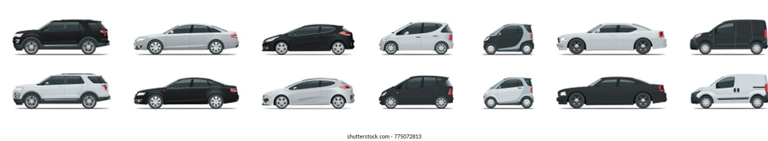 Side view of business vehicle template vector isolated on white. Urban, city cars and vehicles transport vector flat icons set.