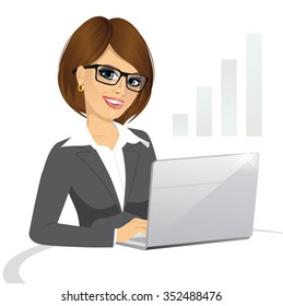 side view of a business woman with glasses working on laptop isolated on white background