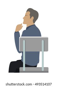 Side view of businessman in blue sweater sitting on gray chair. Business people series. Thinking person. Isolated object in flat design on white background. Vector illustration.