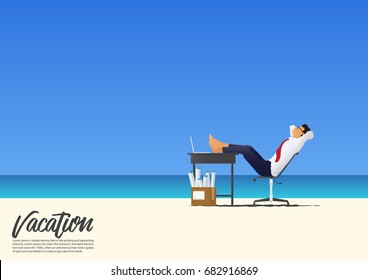 Side view of businessman relaxing with feet up on office desk on white sand beach while on his vacation. Blue gradient sky background  with copy space for your text.  Vector Illustration.