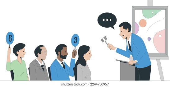 Side view of buyer showing auction paddle with number five to auctioneer during auction. auctioneer talking and looking at buyers with auction paddles during auction