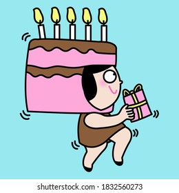 Side View Of Cake Head Girl With Funny Dancing Giving Gift To Someone. Concept Of Birthday Celebration Card Character illustration