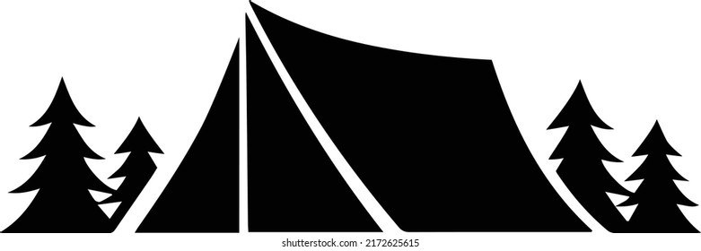 Side View of Camping tent silhouette with pine trees and camping tent textured vector illustrations