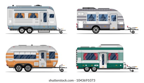 Side view camping trailers isolated on white background. Car RV trailer caravan, motorhome, mobile home for country or nature vacation and activity. Recreational vehicles vans vector illustration.