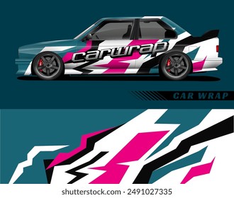 Side view car with blue, pink, black, white colors and geometric shapes in car wrap design. Suitable for vehicle advertising.