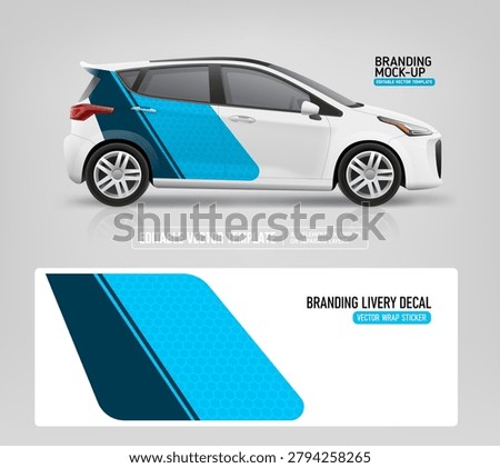 Side view Car with branding wrap design of Abstract blue graphics corporate identity for company vehicle. Corporate Car mockup. Branding vehicle mockup. Sport car wrap design. Editable vector template