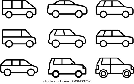 Side View Car Collection. Outline Car Icon Set.