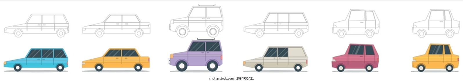 Side view car collection of six Free Vector