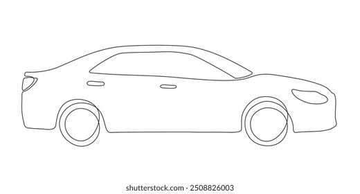 Vista lateral del coche. Dibujo de línea continua. Ilustración vectorial en blanco y negro en estilo de arte de línea.