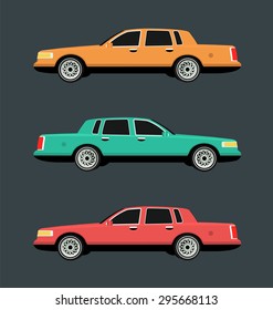 Side view of car, vector illustration with three colors variations. 