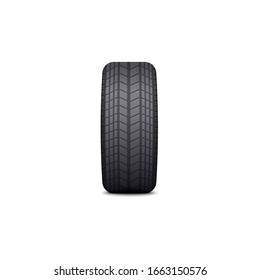 Side view of car wheel showing black tire with realistic tread pattern and rubber texture - modern auto repair part isolated on white background. Vector illustration.