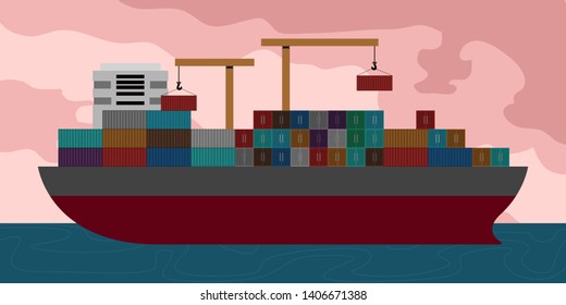 Side view of a cargo ship in a landscape - Vector