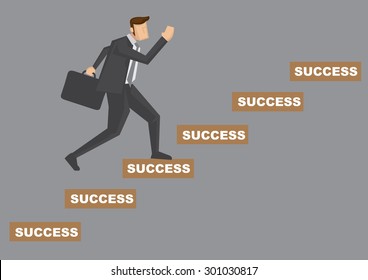 Side view cartoon businessman carrying briefcase going up the stairs success  Creative vector illustration success concept isolated grey background 