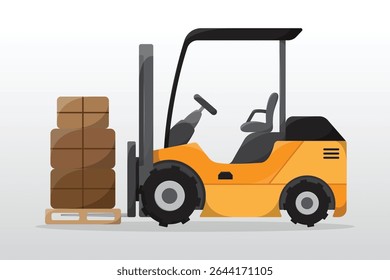 Side view cartoon forklift illustration. Forklift with fork extensions industrial cargo logistic lift. Freight machine transportation warehouse and construction service vehicle.