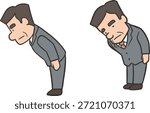 Side View of Cartoon Middle-Aged Businessman in Suit Bowing in Apology