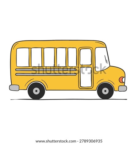 A side view cartoon style sketch of a yellow school bus with windows wheels and a door on a plain white background