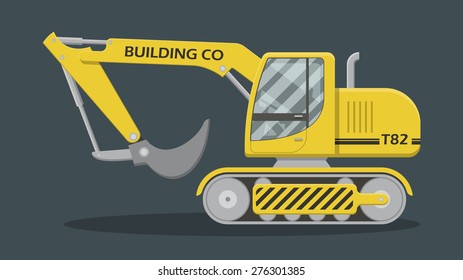 Side view of a cartoon style yellow excavator. EPS10 vector building machinery illustration.