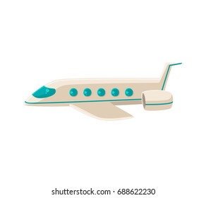 Side view cartoon vector illustration of commercial airplane isolated on white background. White cartoon airplane, plane, aircraft flying, side view illustration