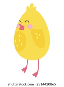 Side view cartoon vector mascot illustration of happy yellow chick isolated on white background.