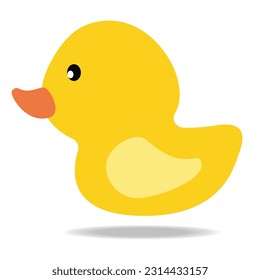 Side view cartoon vector mascot illustration of happy yellow duck isolated on white background.