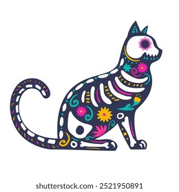 Side view of a cat skeleton decorated with flowers and decorative elements. Festive animal for the Mexican  Day of the Dead,  Dia de los Muertos.