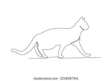 Vista lateral de un gato caminando. Dibujo de una línea del día internacional del gato