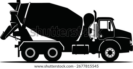 Side view of a cement mixer truck, a vehicle used in construction for transporting and mixing concrete.