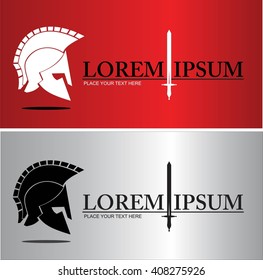 Side view of Centurion warrior helmet. An illustration of elegant head warrior character combine horizontally with text and sword icon.