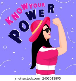 Side View Character of Beautiful Young Strong Girl Saying Know Your Power on Purple Background. Can Be Used as Women's Day Greeting Card.