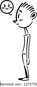 Side view character standing shyly. Easy drawing character standing happily, Happy expression, Boy with rosy cheeks. Vector illustration. Simple line cartoon.