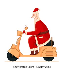 Seitenansicht des fröhlichen Santa Claus Riding Scooter auf weißem Hintergrund.
