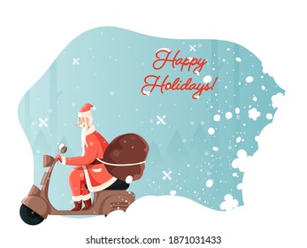 Side View Of Cheerful Santa Claus Riding Scooter With Heavy Bag On Blue And White Snowfall Background For Happy Holidays.